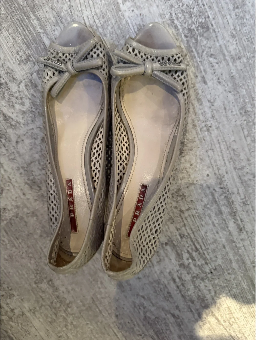 Vintage Prada Bow Peep Toe Wedge Sandals grey leather 36 6